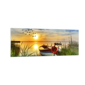 Impression sur verre - Image sur verre - Un bateau sur la rive d'un lac au coucher du soleil - 140x50cm - Les cormorans s'envolent déjà - Décoration murale moderne pour le salon et la chambre ARTTOR