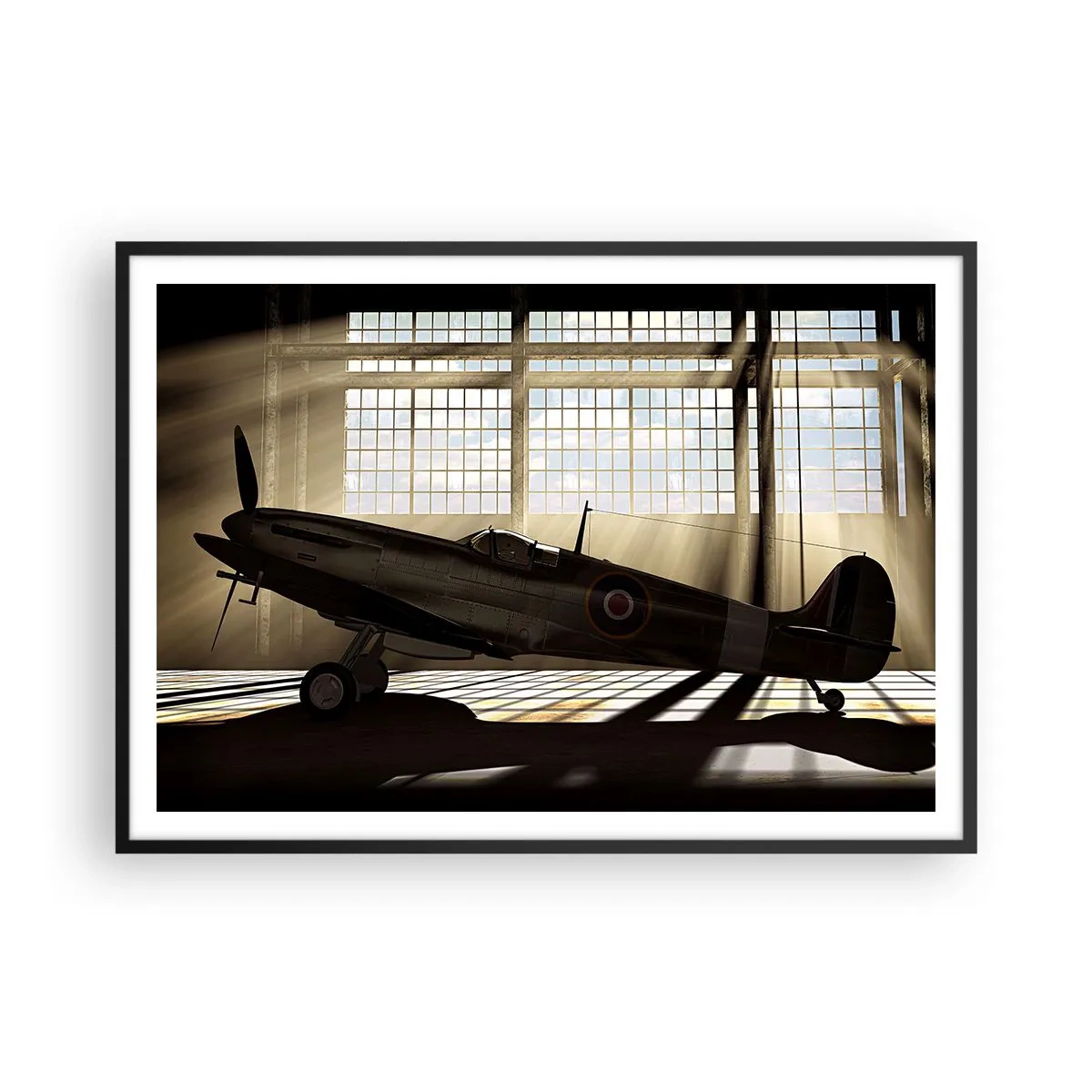 Affiche dans un cadre noir - Poster - Un avion historique dans un hangar éclairé par la lumière du soleil - 100x70cm - Le repos du guerrier - Décoration murale moderne pour le salon et la chambre ARTTOR