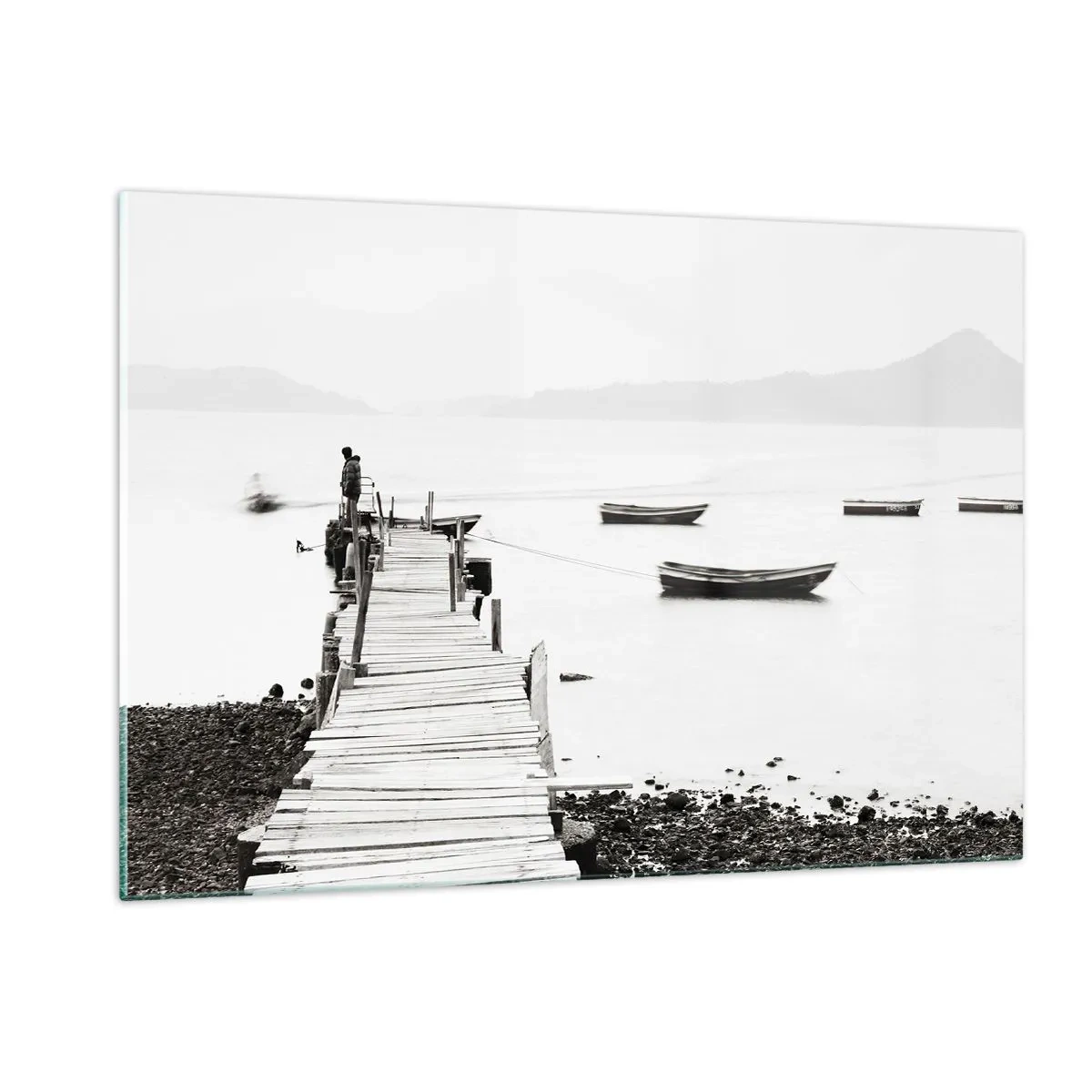 Impression sur verre - Image sur verre - Vue en noir et blanc d'une jetée en bois sur un lac - 120x80cm - Calme et propre au bord de l'eau - Décoration murale moderne pour le salon et la chambre ARTTOR