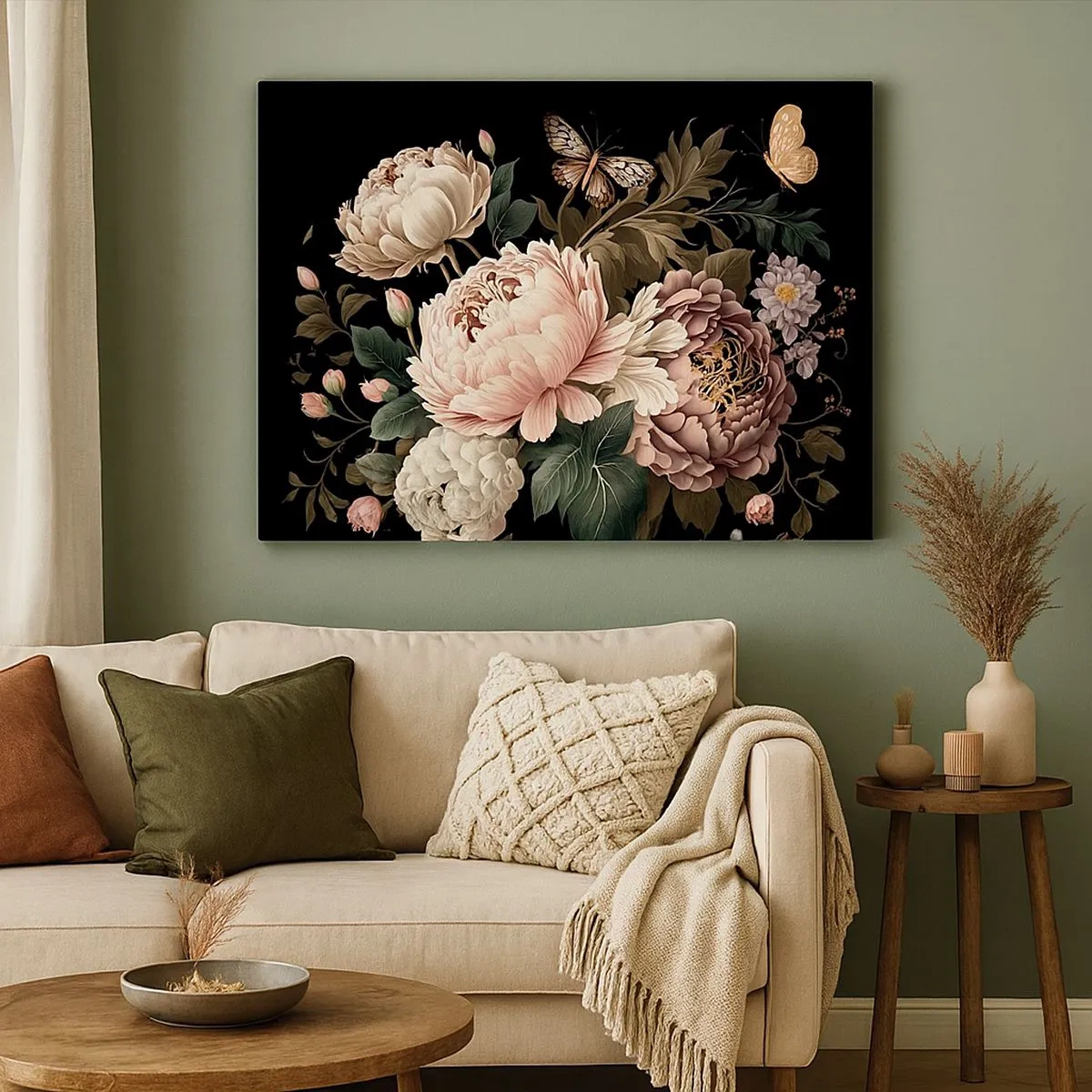 Impression sur toile - Image sur toile - Un bouquet de fleurs roses et de papillons sur fond noir - 70x50cm - De style baroque - Décoration murale moderne pour le salon et la chambre ARTTOR