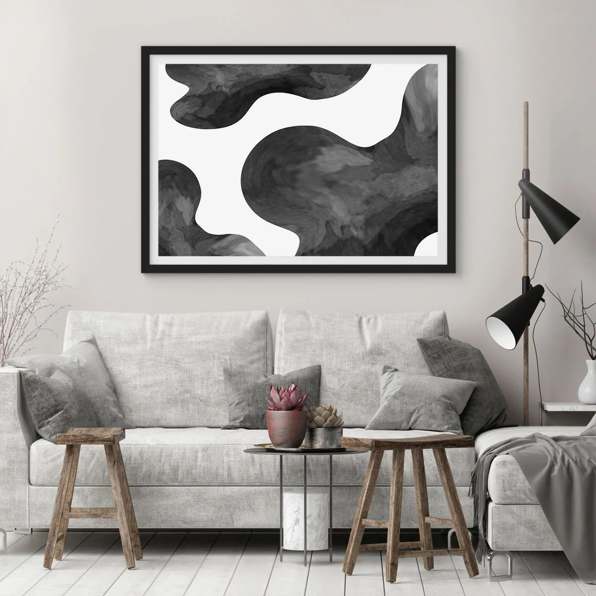 Affiche dans un cadre noir - Poster - Motif abstrait dans les tons de gris et de blanc - 100x70cm - La route du lait - Décoration murale moderne pour le salon et la chambre ARTTOR