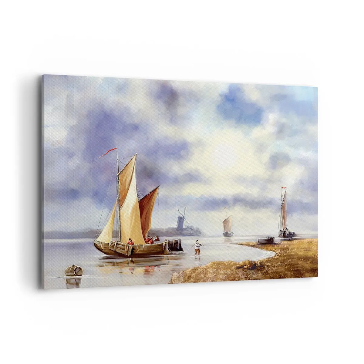 Impression sur toile - Image sur toile - Voiliers sur une eau calme avec des moulins à vent en arrière-plan - 120x80cm - Retour de marin - Décoration murale moderne pour le salon et la chambre ARTTOR