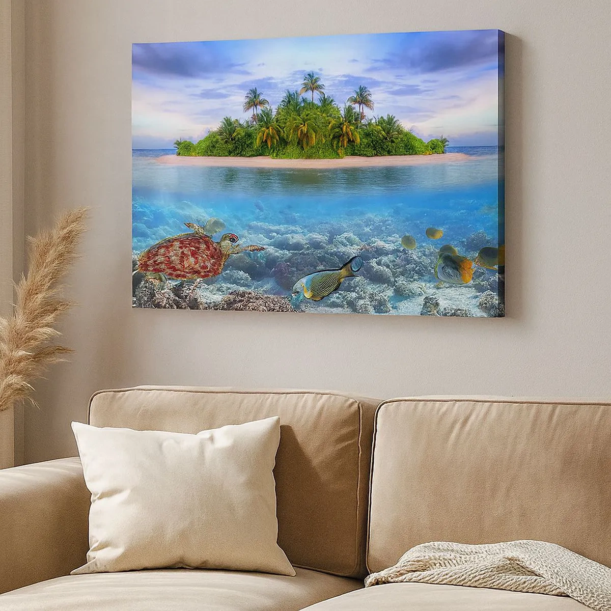 Impression sur toile - Image sur toile - Une île tropicale entourée d'un océan turquoise avec un récif de corail et des poissons. - 70x50cm - L'île céleste vous invite - Décoration murale moderne pour le salon et la chambre ARTTOR