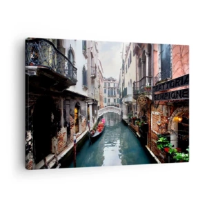 Impression sur toile - Image sur toile - Un canal à Venise avec une gondole et des bâtiments historiques - 70x50cm - Paysage vénitien avec une gondole et un pont - Décoration murale moderne pour le salon et la chambre ARTTOR