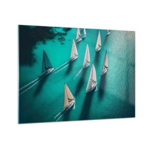 Impression sur verre - Image sur verre - Voiliers sur une eau turquoise capturés à vol d'oiseau - 70x50cm - Dans une compétition avec le vent - Décoration murale moderne pour le salon et la chambre ARTTOR