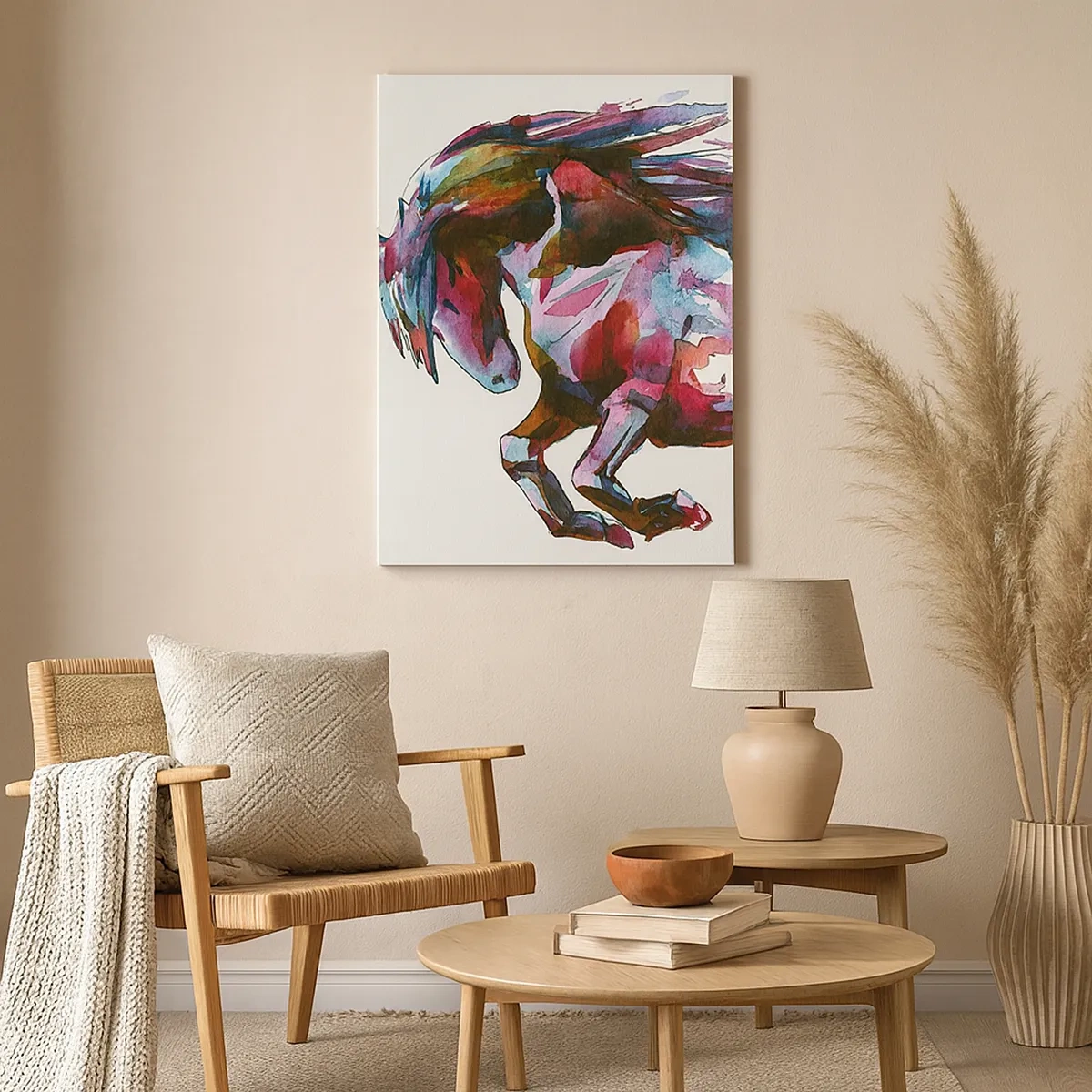 Impression sur toile - Image sur toile - Un cheval aux couleurs abstraites dynamiques symbolisant la liberté - 50x70cm - Dans le ravissement - Décoration murale moderne pour le salon et la chambre ARTTOR