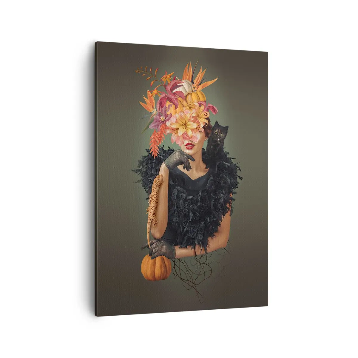 Impression sur toile - Image sur toile - Portrait d'une femme aux motifs d'automne et un chat - 50x70cm - Sort de sorcière - Décoration murale moderne pour le salon et la chambre ARTTOR