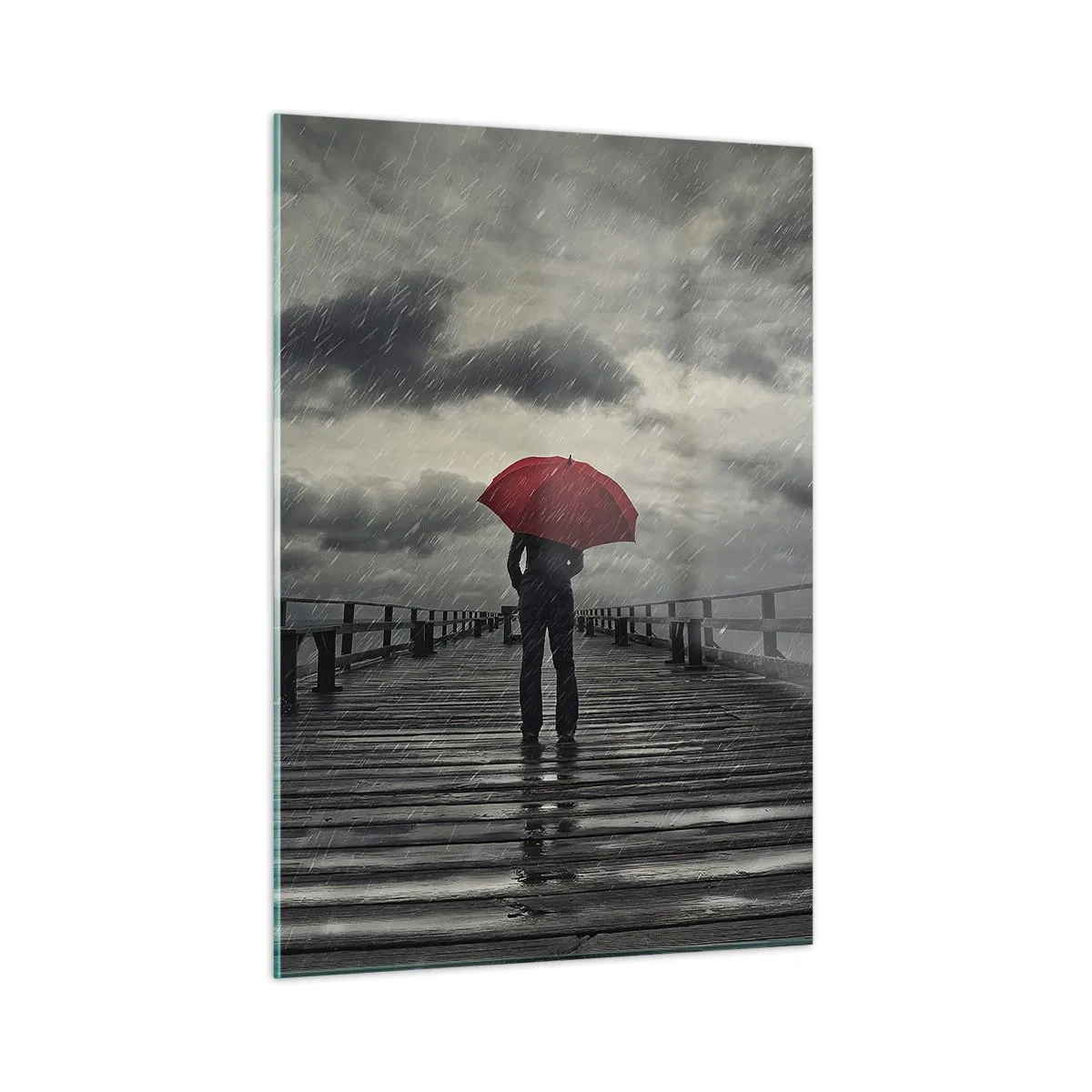 Impression sur verre - Image sur verre - Un homme avec un parapluie rouge sur une jetée en bois sous la pluie. - 50x70cm - Peu importe qu'il pleuve - Décoration murale moderne pour le salon et la chambre ARTTOR