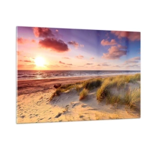 Impression sur verre - Image sur verre - Plage avec dunes au coucher du soleil - 120x80cm - L'air sent déjà l'été - Décoration murale moderne pour le salon et la chambre ARTTOR