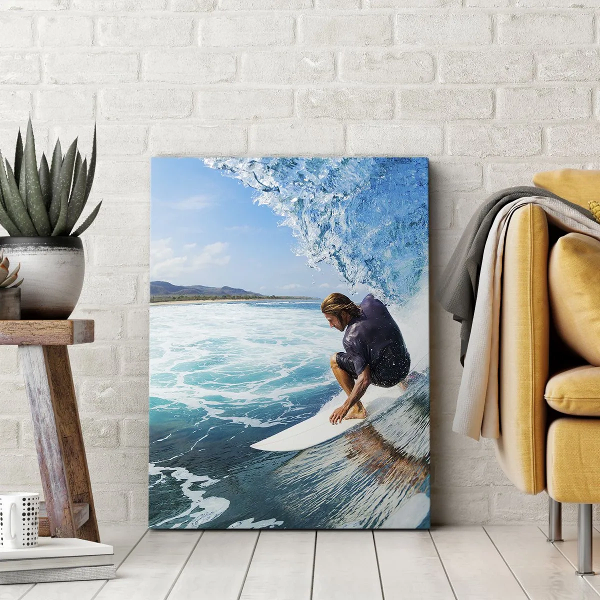 Impression sur toile - Image sur toile - Un surfeur dans une pose dynamique sur une vague dans une eau turquoise. - 50x70cm - Danse avec les vagues - Décoration murale moderne pour le salon et la chambre ARTTOR