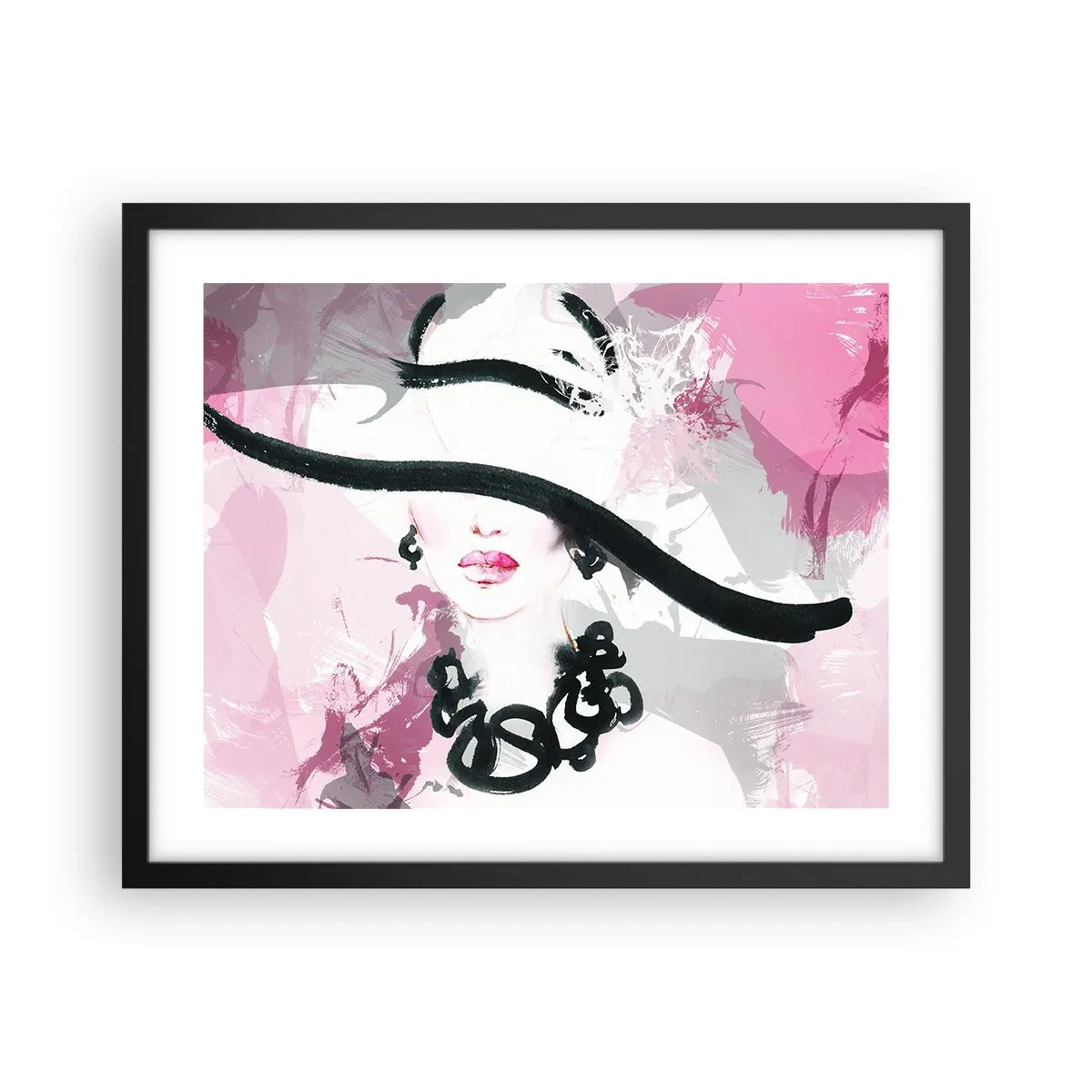 Affiche dans un cadre noir - Poster - Portrait d'une dame en noir et rose - 50x40 cm