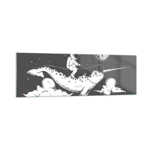 Impression sur verre - Image sur verre - Un astronaute sur le dos d'un narval flottant dans une scène spatiale. - 160x50cm - Cavalier de l'espace - Décoration murale moderne pour le salon et la chambre ARTTOR