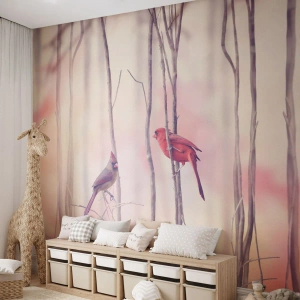 Papier Peint Photo Premium Sand - Conte de la forêt rose - Oiseau, Nature, Forêt - 200x140 cm