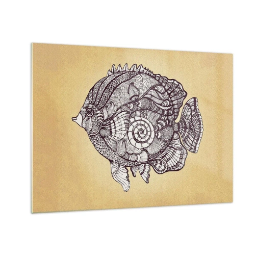 Impression sur verre - Image sur verre - Un poisson de dessin animé avec des ornements sur un fond beige - 70x50cm - D'un océan d'ornements - Décoration murale moderne pour le salon et la chambre ARTTOR