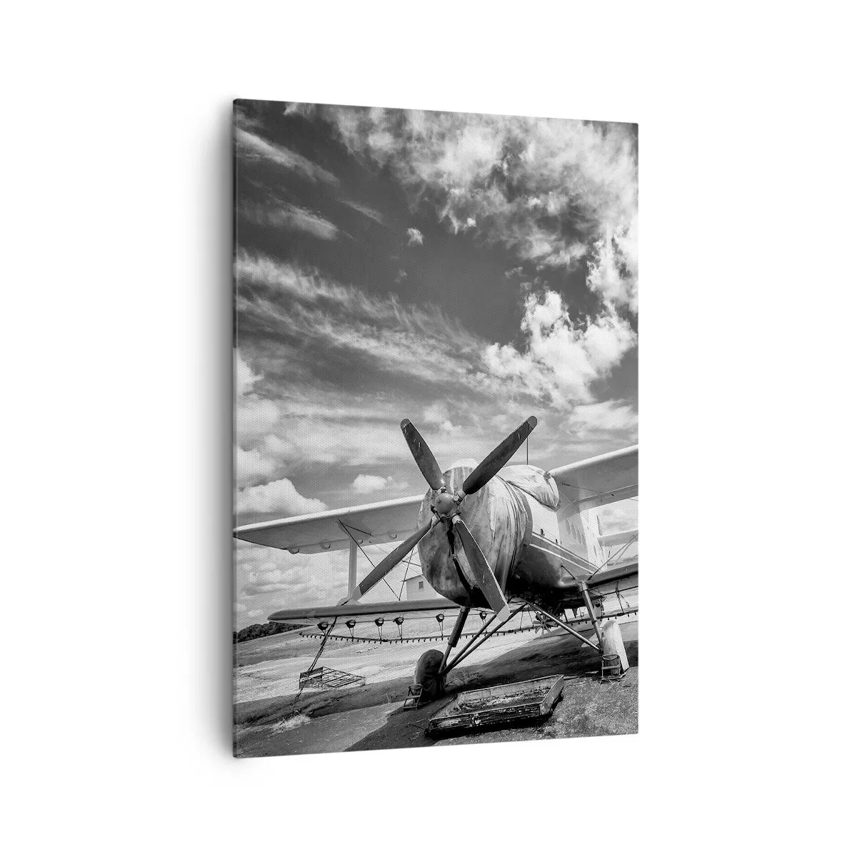 Impression sur toile - Image sur toile - Un vieil avion à l'aéroport en noir et blanc - 70x100cm - Je suis impatient! - Décoration murale moderne pour le salon et la chambre ARTTOR