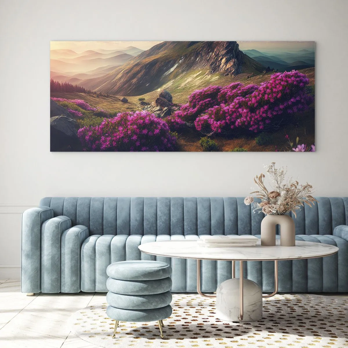 Impression sur verre - Image sur verre - Paysage de montagne avec des rhododendrons en fleurs - 120x50cm - L'été à la montagne - Décoration murale moderne pour le salon et la chambre ARTTOR