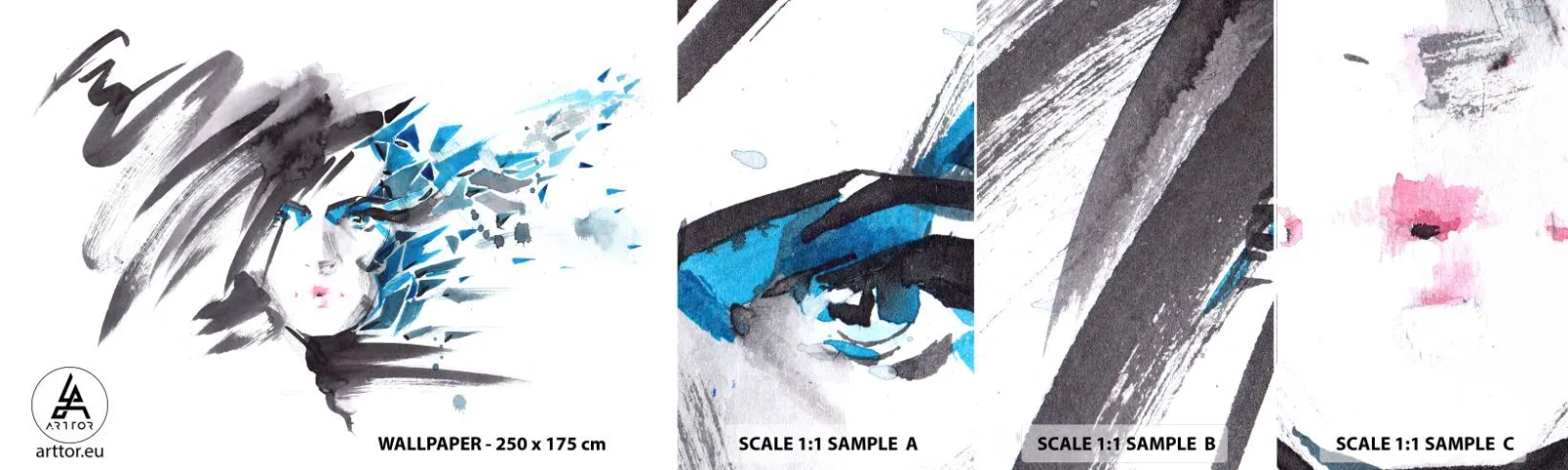 Échantillon De Papier Peint Standard Eco - Portrait sensuel en gris et bleu - Femme, Visage de femme, Abstraction - 100x30 cm