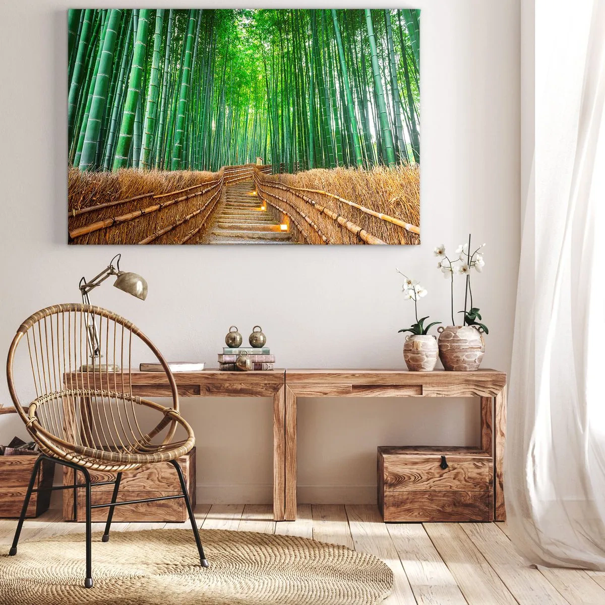 Impression sur toile - Image sur toile - Un chemin dans une dense forêt de bambous - 120x80cm - L'essence de la nature asiatique - Décoration murale moderne pour le salon et la chambre ARTTOR