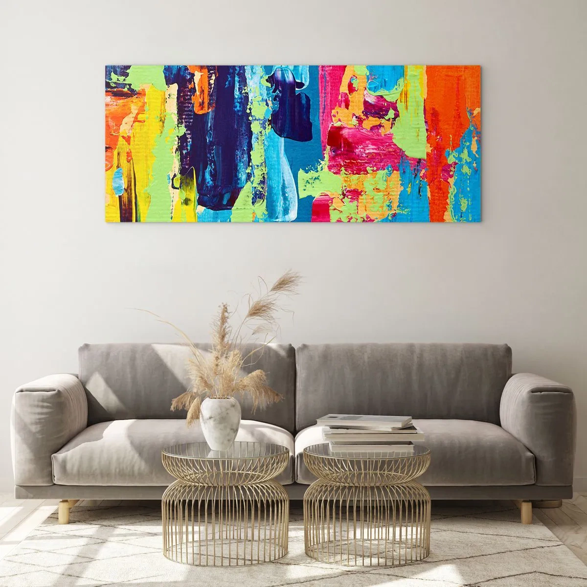 Impression sur verre - Image sur verre - Composition abstraite de couleurs sous une forme dynamique - 140x50cm - La vie est belle! - Décoration murale moderne pour le salon et la chambre ARTTOR