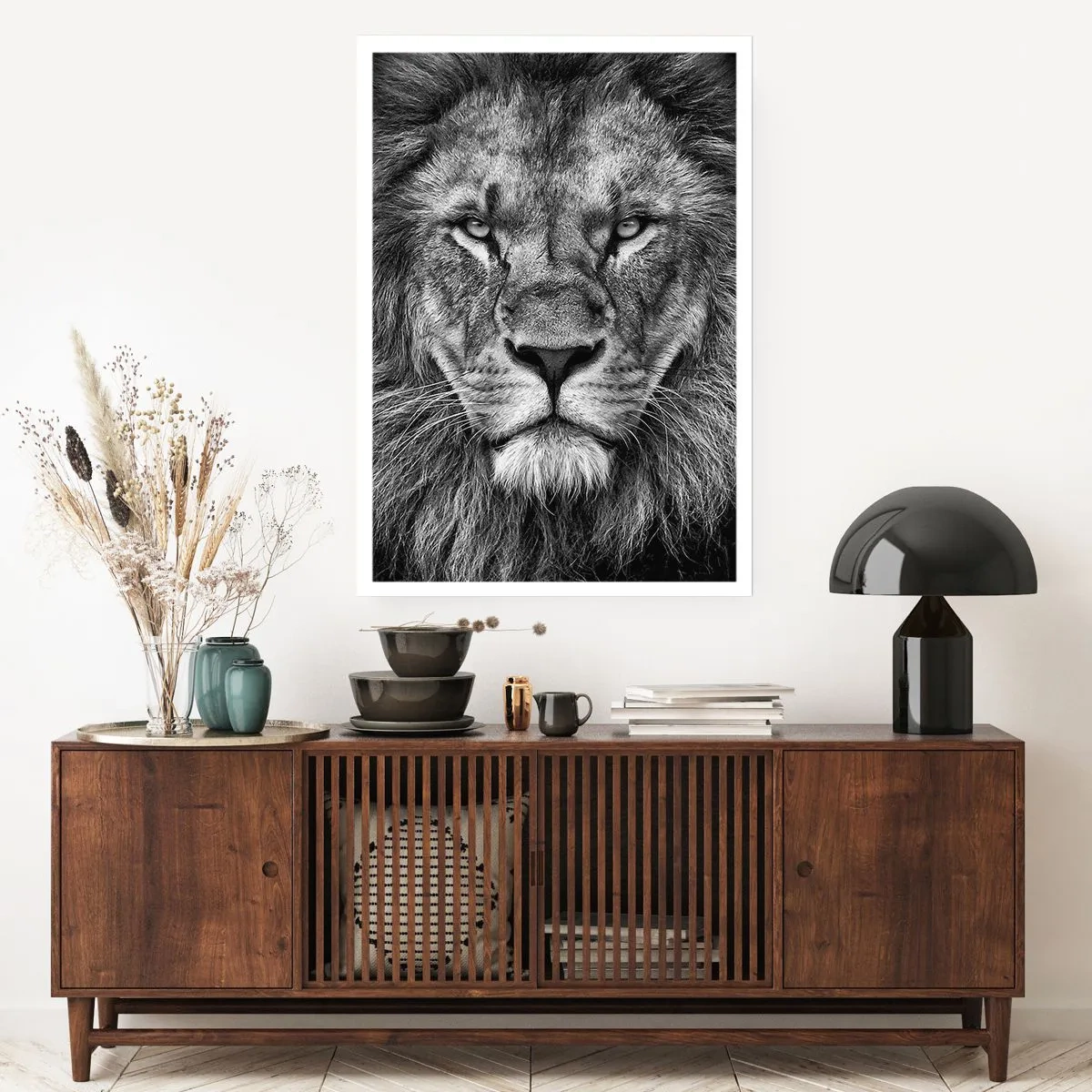 Affiche - Poster - Portrait noir et blanc d'un lion majestueux - 50x70cm - En vêtement de sacre - Décoration murale moderne pour le salon et la chambre ARTTOR