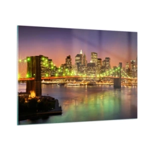 Impression sur verre - Image sur verre - Pont illuminé sur la rivière avec vue panoramique sur la ville au crépuscule - 100x70cm - Ici la lumière ne s'éteint jamais - Décoration murale moderne pour le salon et la chambre ARTTOR