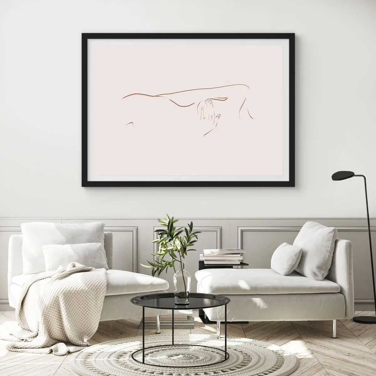 Affiche dans un cadre noir - Poster - Un dessin au trait subtil d'une silhouette sur un fond clair - 70x50cm - La forme du désir - Décoration murale moderne pour le salon et la chambre ARTTOR