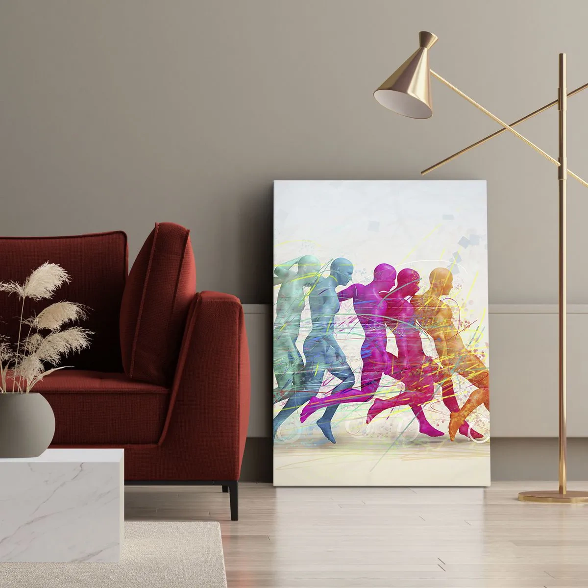 Impression sur toile - Image sur toile - Silhouettes colorées de coureurs en mouvement - 50x70cm - Harmonie du mouvement - Décoration murale moderne pour le salon et la chambre ARTTOR