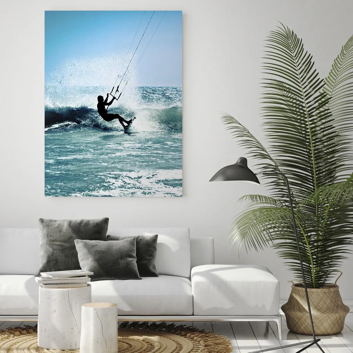 Impression sur verre - Image sur verre - Kitesurfeur sur les vagues de l'océan par une journée ensoleillée - 50x70cm - On se laisse emporter - Décoration murale moderne pour le salon et la chambre ARTTOR
