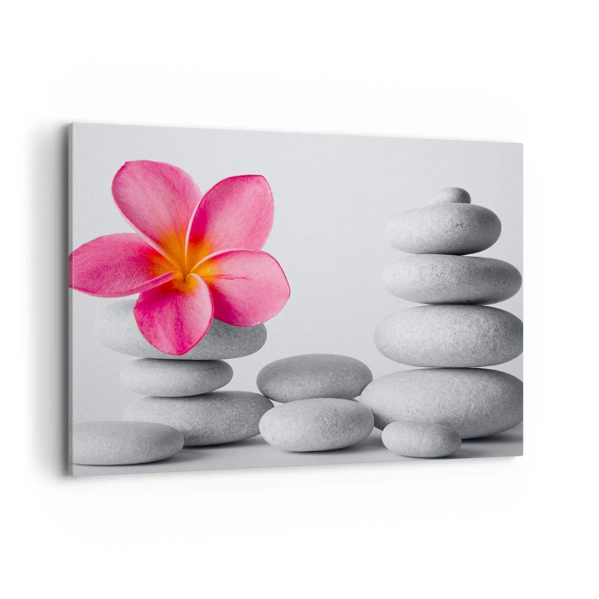Impression sur toile - Image sur toile - Fleur rose sur pierres de style zen - 100x70cm - Pierre sur pierre, et sur cette pierre... - Décoration murale moderne pour le salon et la chambre ARTTOR