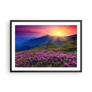 Affiche dans un cadre noir - Poster - Une prairie fleurie avec vue sur les montagnes au coucher du soleil - 70x50cm - … Et autour, ça sent le pin des montagnes et l'odeur de la prairie - Décoration murale moderne pour le salon et la chambre ARTTOR