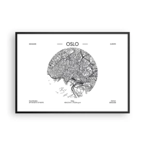 Affiche dans un cadre noir - Poster - Une carte d'Oslo dans un style minimaliste en noir et blanc. - 100x70cm - Anatomie d’Oslo - Décoration murale moderne pour le salon et la chambre ARTTOR
