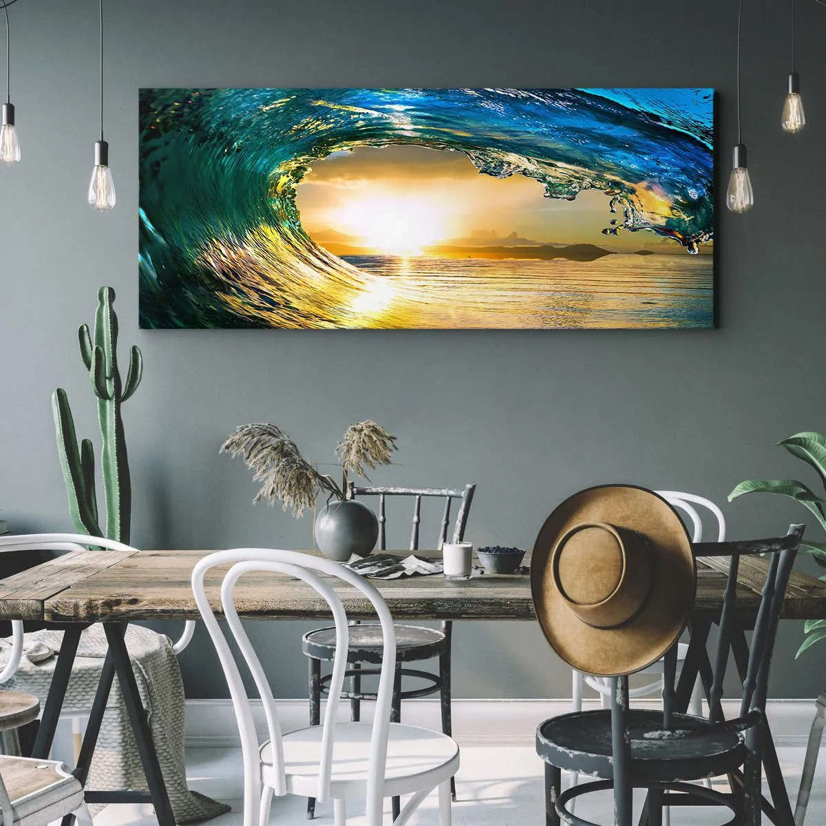 Impression sur toile - Image sur toile - Vague de l'océan au soleil avec vue sur l'horizon - 120x50cm - Dans un éclat émeraude-or - Décoration murale moderne pour le salon et la chambre ARTTOR