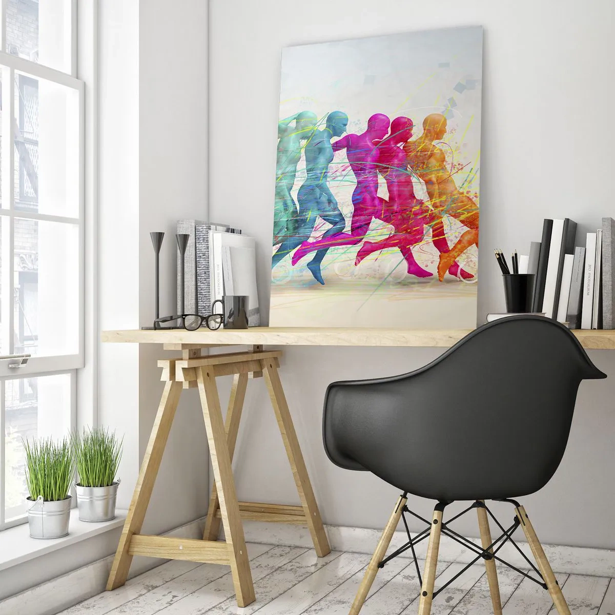 Impression sur verre - Image sur verre - Silhouettes colorées de coureurs en mouvement - 80x120cm - Harmonie du mouvement - Décoration murale moderne pour le salon et la chambre ARTTOR