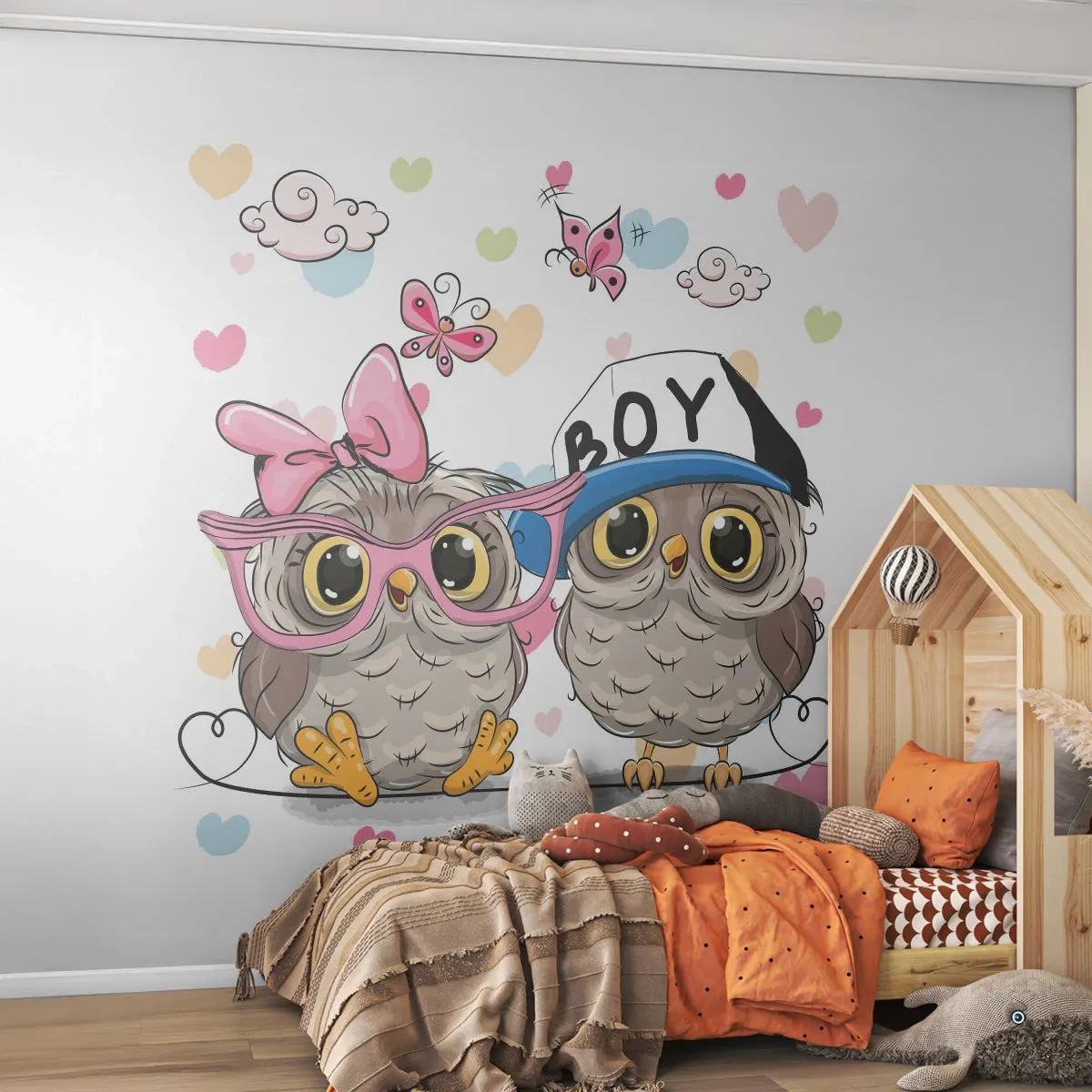 Papier Peint Autocollant Deluxe Sticker - On s'aime! - Pour les enfants, Hibou, Papillon - 250x175 cm