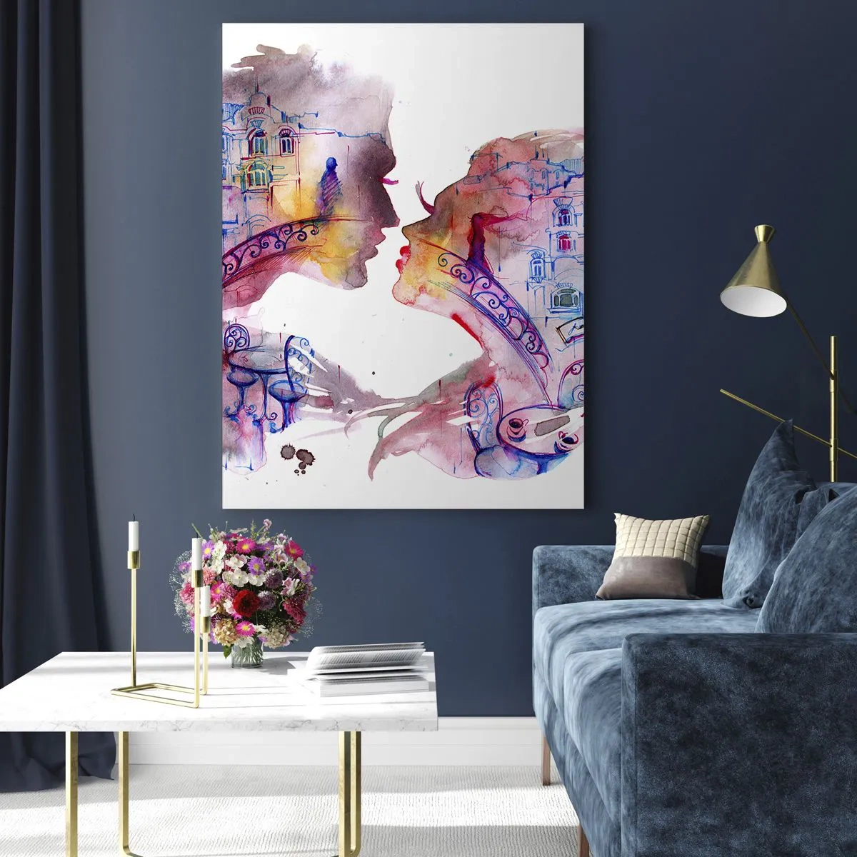 Impression sur verre - Image sur verre - Une aquarelle romantique représentant les silhouettes des amoureux - 80x120cm - Le pont secret des soupirs - Décoration murale moderne pour le salon et la chambre ARTTOR