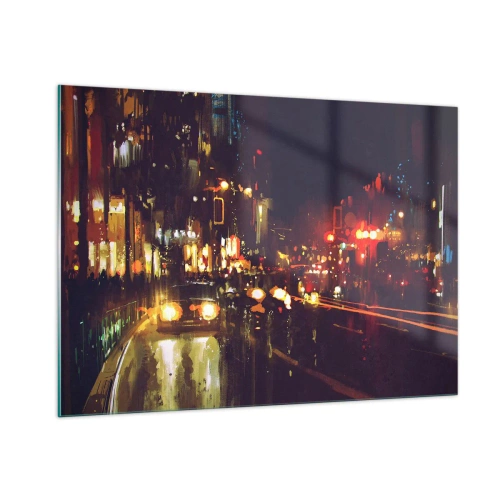 Impression sur verre - Image sur verre - Paysage nocturne de la ville avec des voitures et des lampadaires - 100x70cm - Immergé dans les lumières de la nuit - Décoration murale moderne pour le salon et la chambre ARTTOR