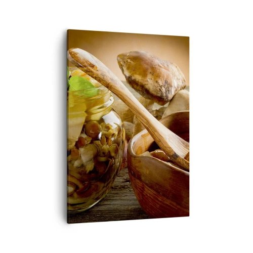 Impression sur toile - Image sur toile - Champignons naturels dans un bocal sur une table rustique - 50x70cm - Que ce soit frais ou salé, ou en automne... - Décoration murale moderne pour le salon et la chambre ARTTOR