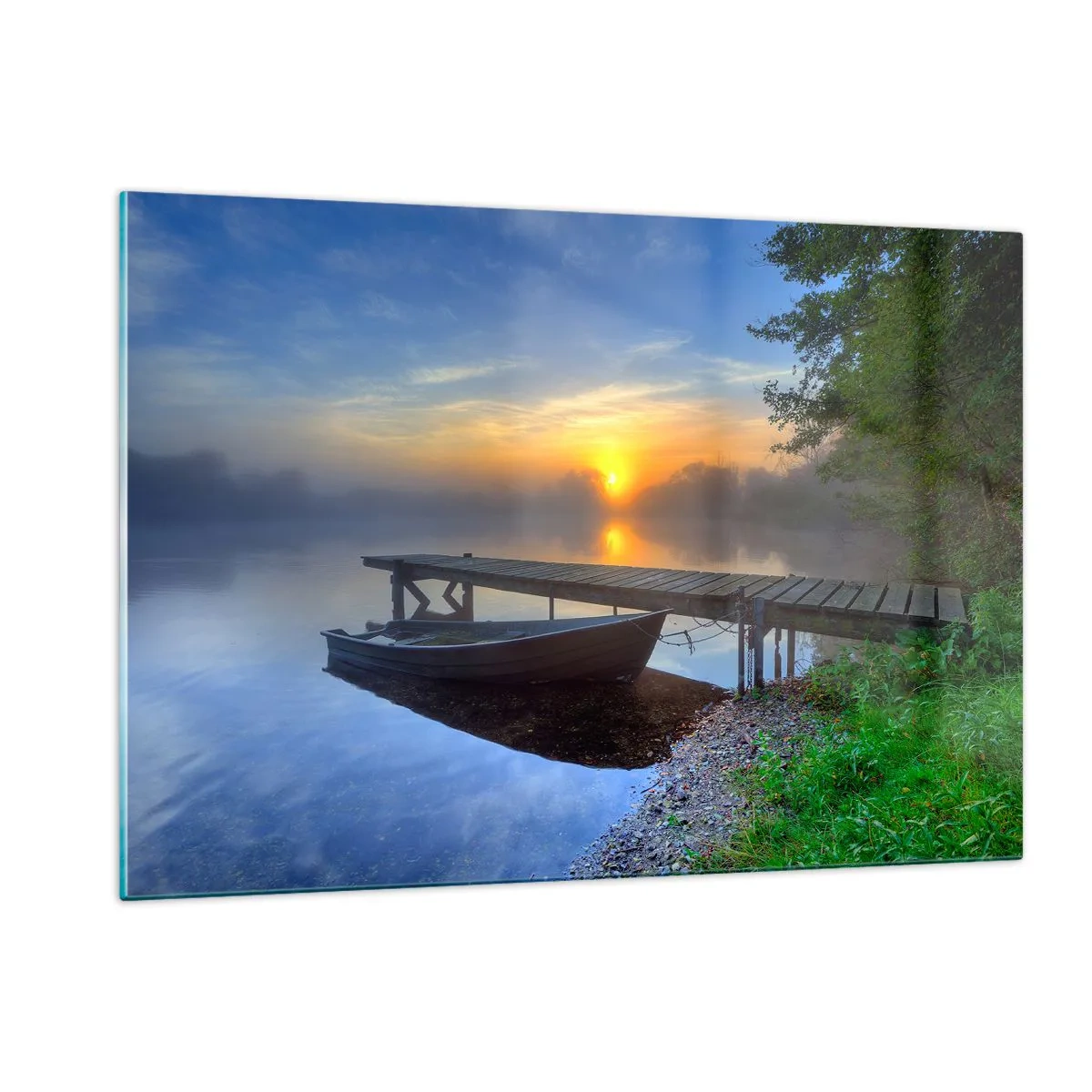 Impression sur verre - Image sur verre - Un bateau à quai au lever du soleil sur le lac - 120x80cm - Comment l'ordinaire se transforme en magie - Décoration murale moderne pour le salon et la chambre ARTTOR