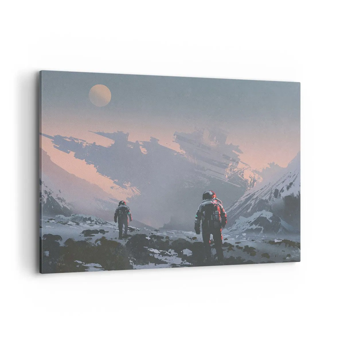 Impression sur toile - Image sur toile - Des astronautes sur une planète extraterrestre avec une épave de vaisseau spatial - 100x70cm - Sous une étoile inconnue - Décoration murale moderne pour le salon et la chambre ARTTOR
