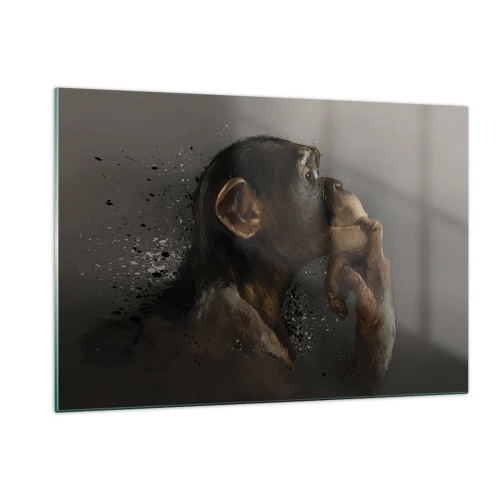 Impression sur verre - Image sur verre - Un singe pensif sur un fond sombre avec un effet d'éclaboussure - 120x80cm - Certainement un penseur - Décoration murale moderne pour le salon et la chambre ARTTOR