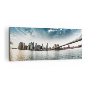 Impression sur toile - Image sur toile - Panorama de la ville avec un pont contre le ciel bleu - 120x50cm - L'île de verre - Décoration murale moderne pour le salon et la chambre ARTTOR
