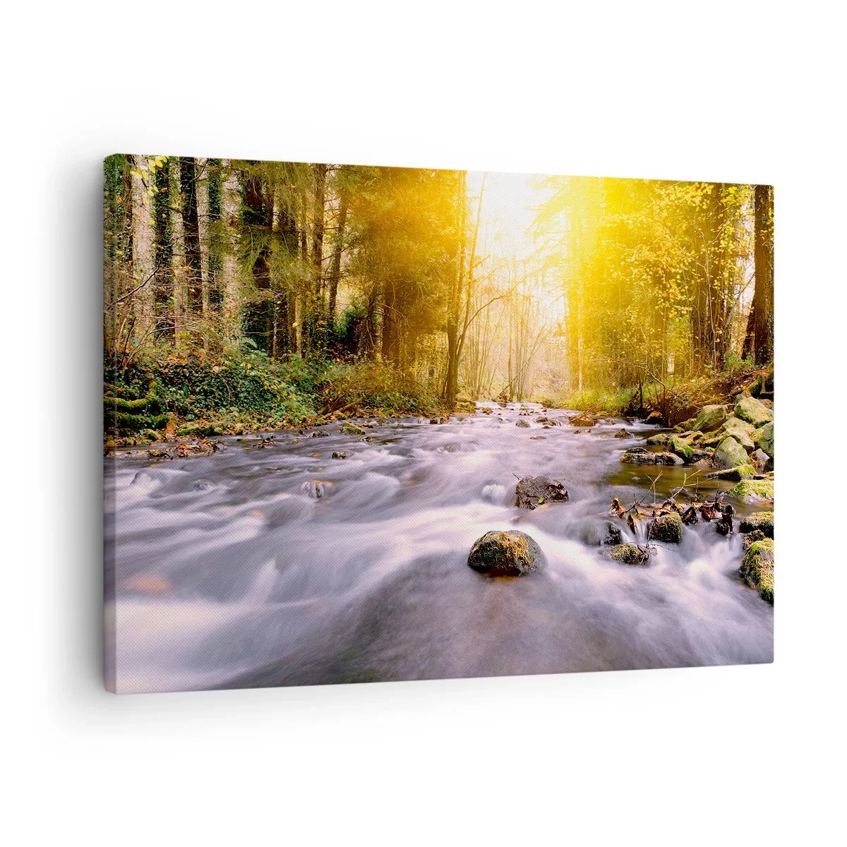 Impression sur toile - Image sur toile - Un ruisseau forestier illuminé par les rayons du soleil - 70x50cm - Malachite dans un cadre argent et or - Décoration murale moderne pour le salon et la chambre ARTTOR
