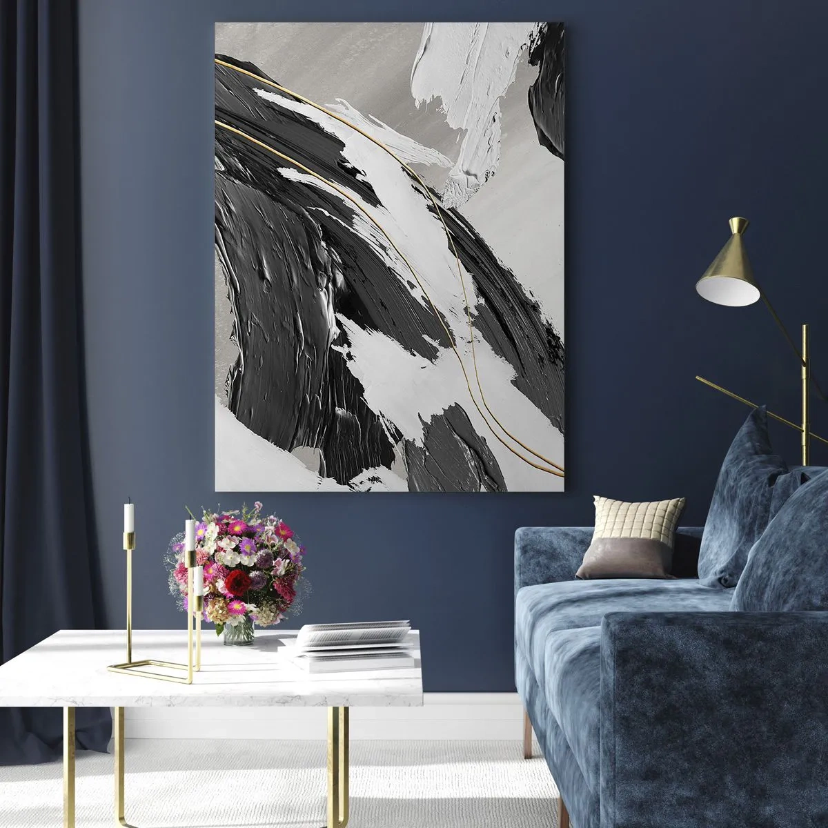 Impression sur verre - Image sur verre - Traits dynamiques en noir et blanc avec une touche dorée - 50x70cm - L'abstraction à grande échelle - Décoration murale moderne pour le salon et la chambre ARTTOR