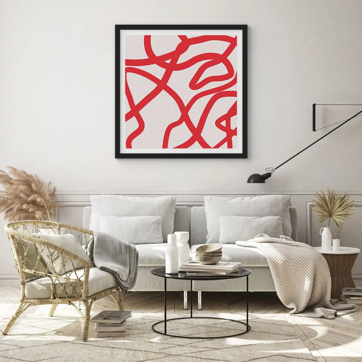 Affiche dans un cadre noir - Poster - Rouge sur blanc - 30x30 cm