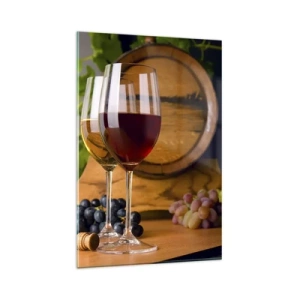 Impression sur verre - Image sur verre - Verres de vin avec des raisins, un tonneau et des bouteilles sur une table en bois - 80x120cm - Comme les vieux maîtres - Décoration murale moderne pour le salon et la chambre ARTTOR