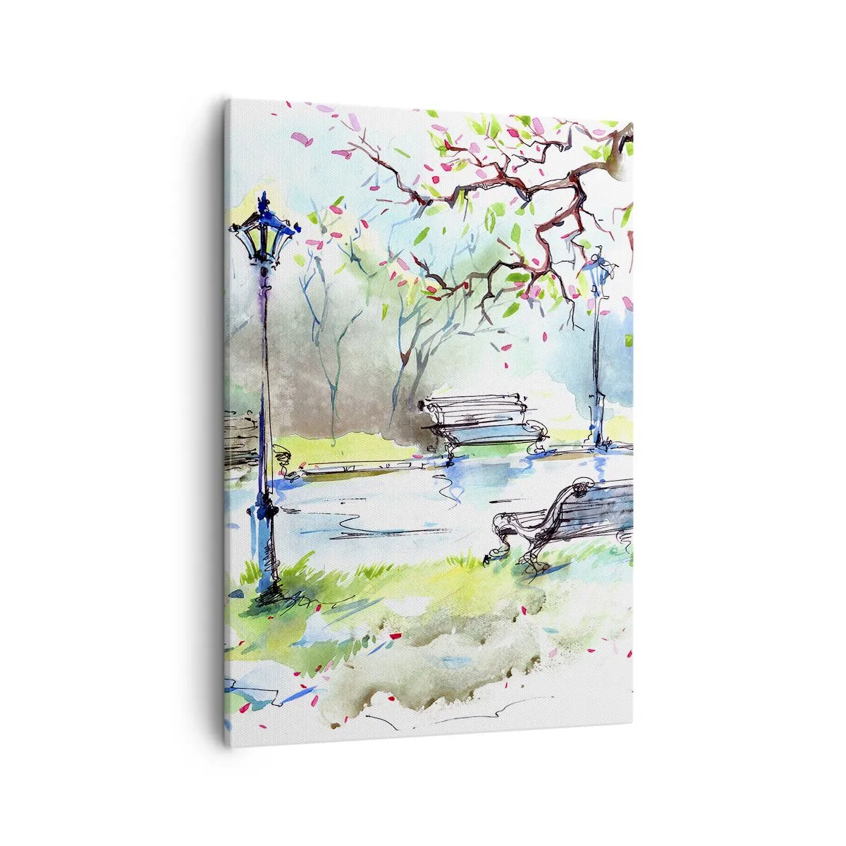 Impression sur toile - Image sur toile - Scène de parc à l'aquarelle avec bancs et lampes - 50x70cm - Le charme du silence d'un parc - Décoration murale moderne pour le salon et la chambre ARTTOR