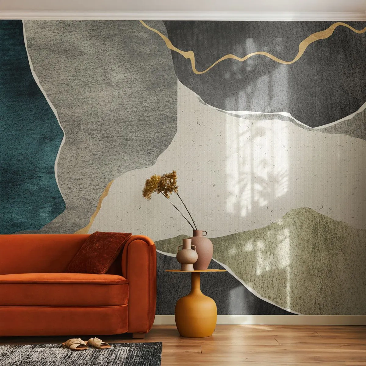 Papier Peint Photo Premium Sand - Mosaïque abstraite avec texture et lignes dorées sur un fond terreux. - 100x70cm - Composition mosaïque avec un fil d'or - Décoration murale moderne pour le salon et la chambre ARTTOR