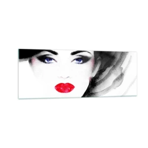 Impression sur verre - Image sur verre - Portrait d'une femme aux lèvres rouges et aux yeux bleus intenses - 140x50cm - Elle repousse et attire - Décoration murale moderne pour le salon et la chambre ARTTOR