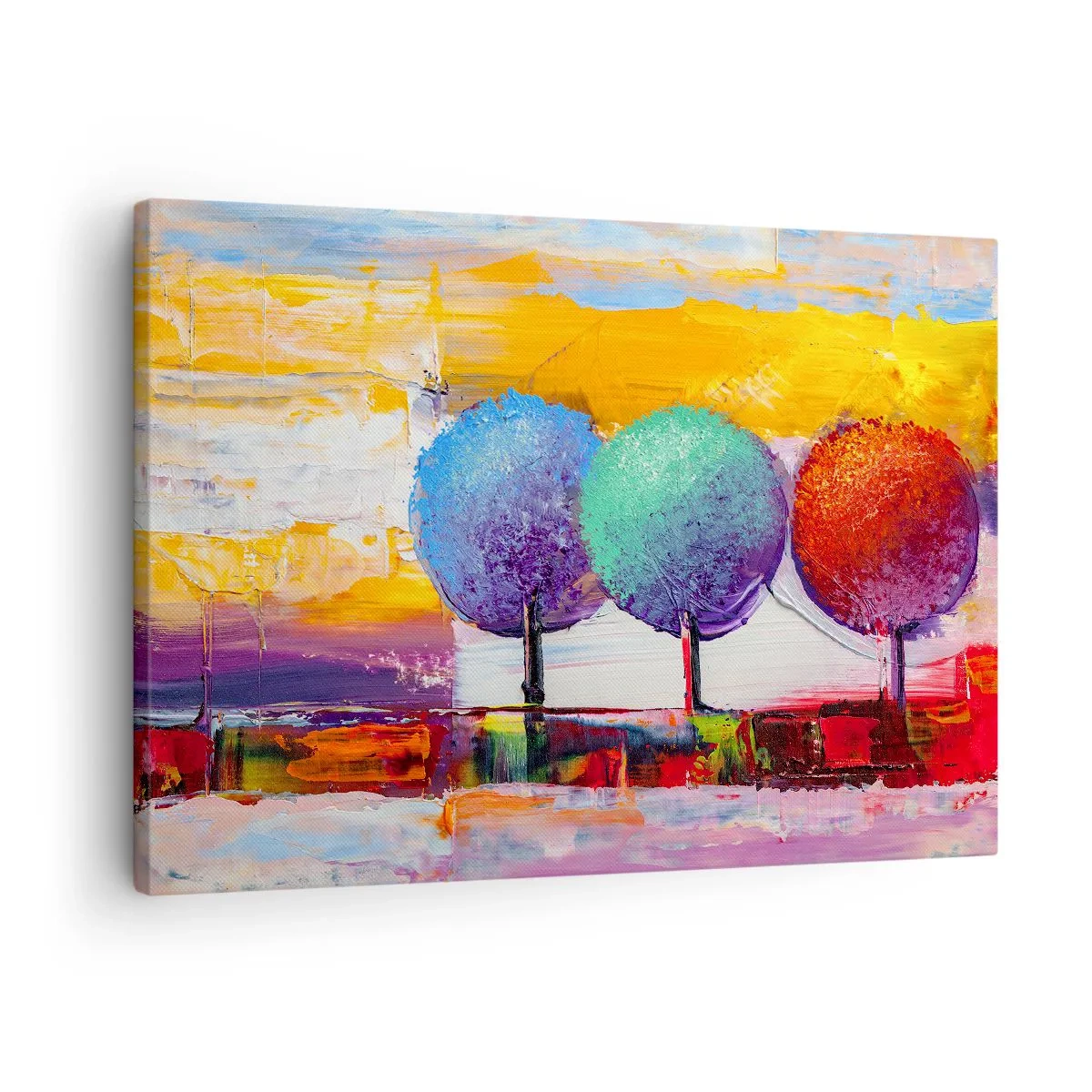 Impression sur toile - Image sur toile - Trois arbres colorés sur un fond abstrait - 70x50cm - Art jusqu'à trois - Décoration murale moderne pour le salon et la chambre ARTTOR