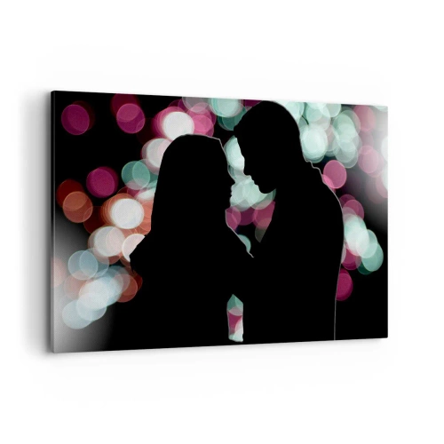 Impression sur toile - Image sur toile - Silhouettes d'un couple sur fond de lumières bokeh colorées - 120x80cm - Oui! - Décoration murale moderne pour le salon et la chambre ARTTOR